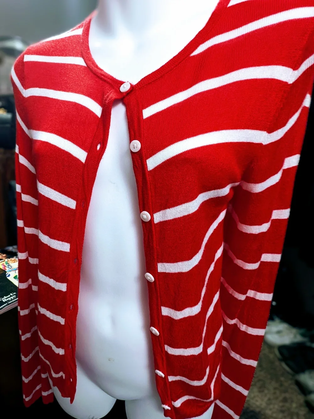 Striped Red and White Button-Front Cardigan Sweater